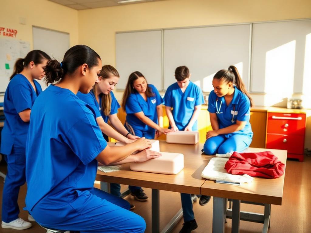 Illinois HOSA students practicing clinical skills in scrubs
